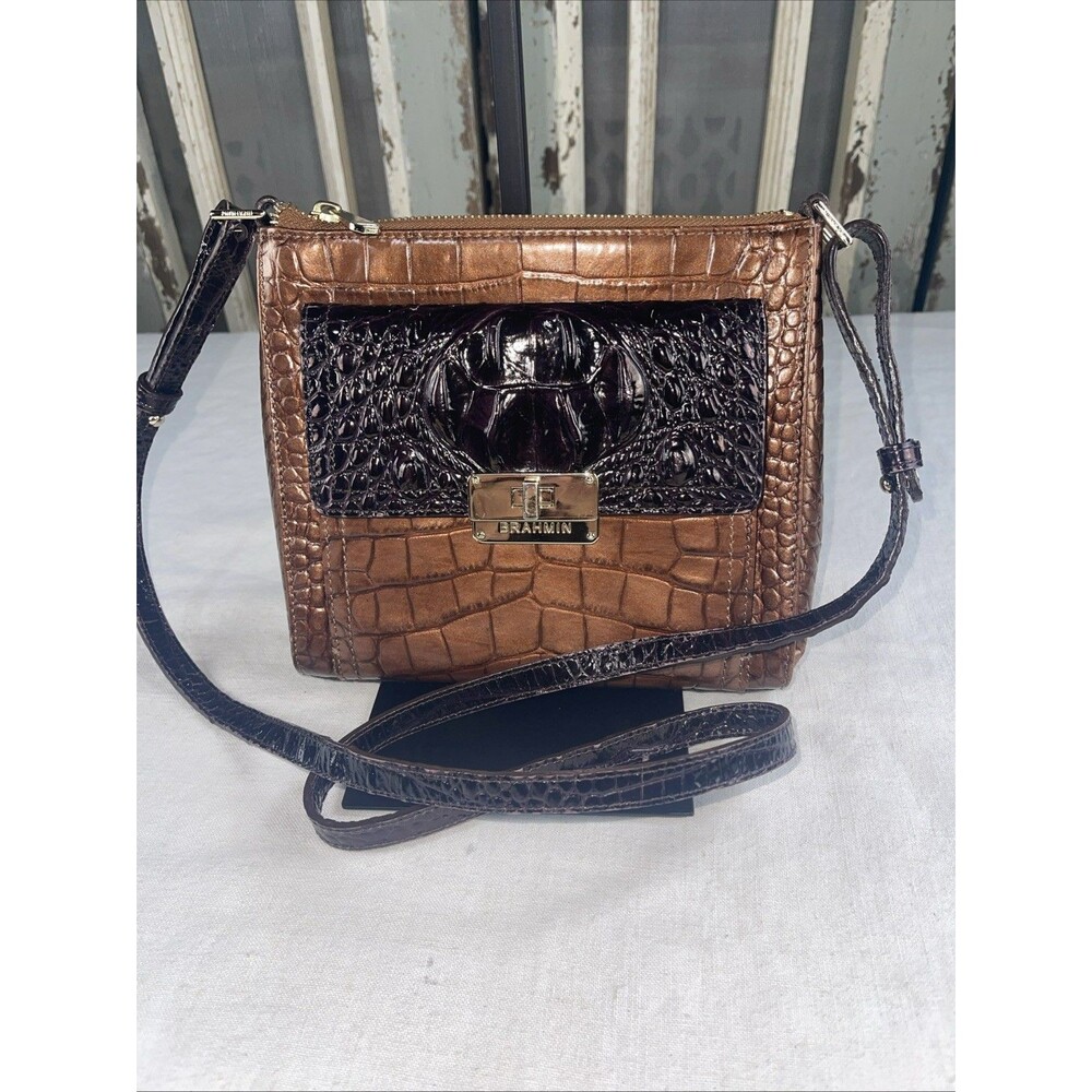 Brahmin Manhattan Crossbody Bag Brown Pecan Purple Flap Croc Embossed Leather
